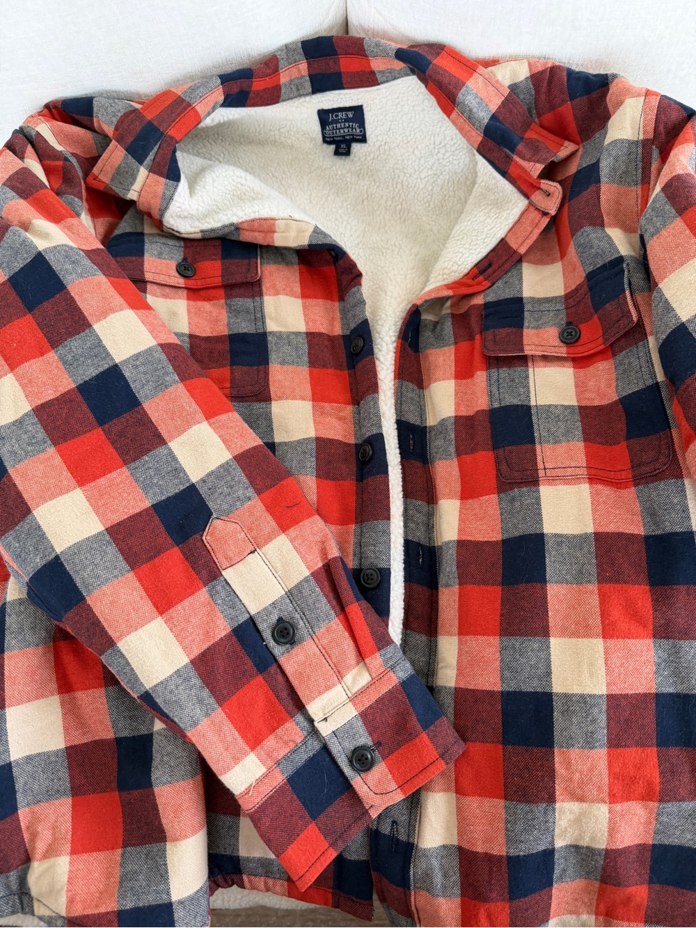 J. Crew Red Navy Cream Plaid Sherpa-Lined Flannel Jacket